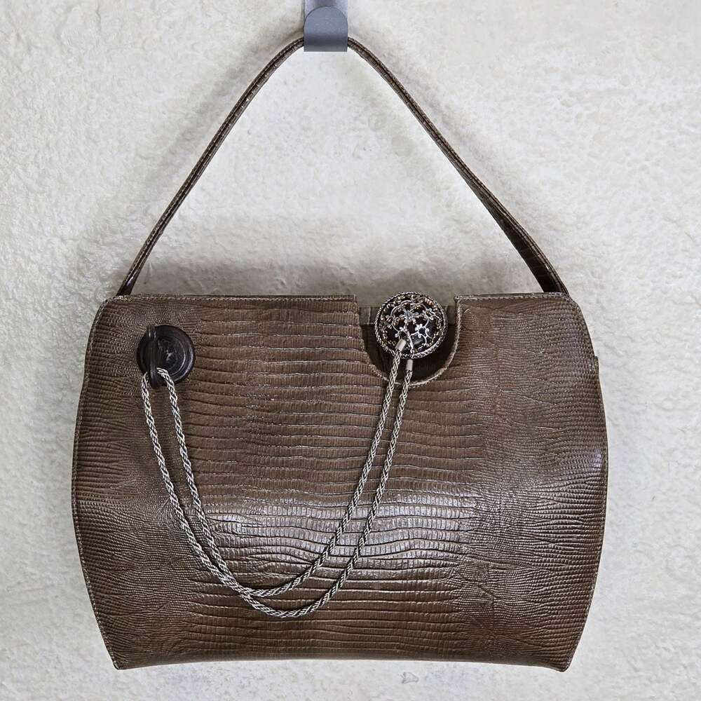 Custom Vintage Brown Reptile Embossed Structured Handbag - Picture 6 of 8
